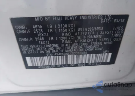 2016 Subaru Outback 2.5I Limited из США, поврежденный, VIN 4S4BSANCXG3318059